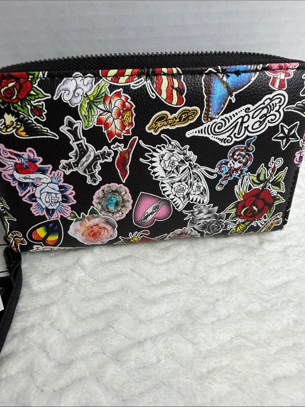 Ed Hardy Black Floral & Tattoo-Print Zip Wallet